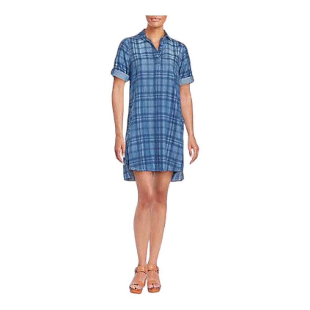 Beach Lunch Lounge Womens Blue Plaid Denim Chambray Roll Tab Sleeves Dress Sz XS